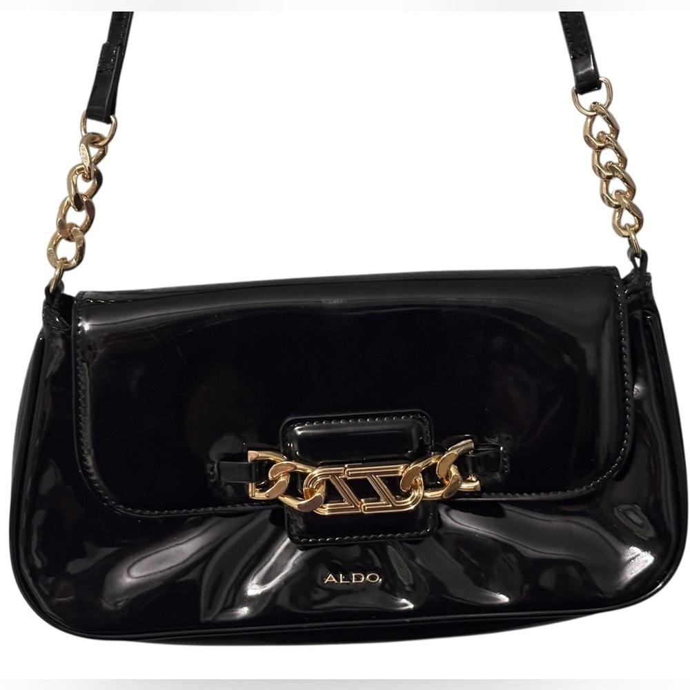 Aldo Black Patent Shoulder Bag | Gold Chain Accent | Mini Purse